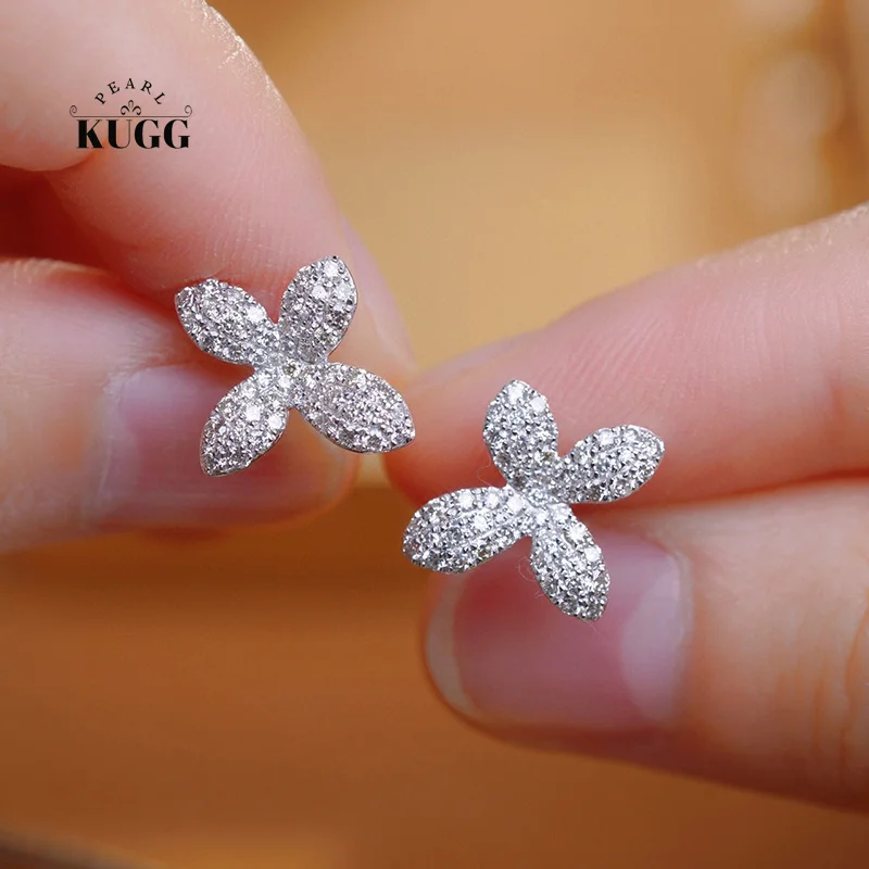 

KUGG 100% 18K White Gold Earrings Luck Clover Design 0.70carat Real Natural Diamond Stud Earrings for Women High Birthday Gift