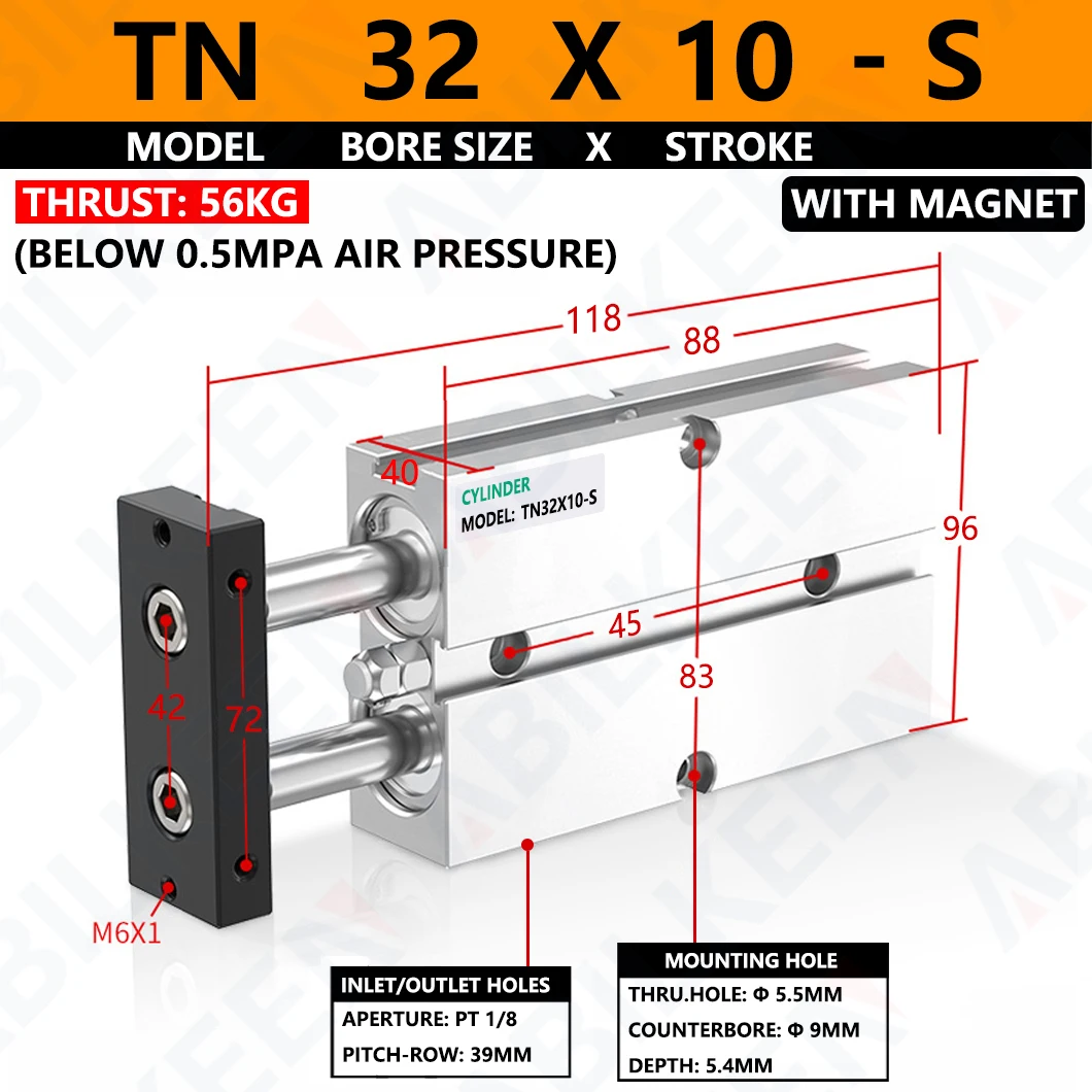 

Двухосевой двухштоковый компактный направляющий цилиндр серии ABILKEEN TN TN TN32X10/15/20/25/30/35/40/45/50/60/70/75 Пневматический воздушный цилиндр