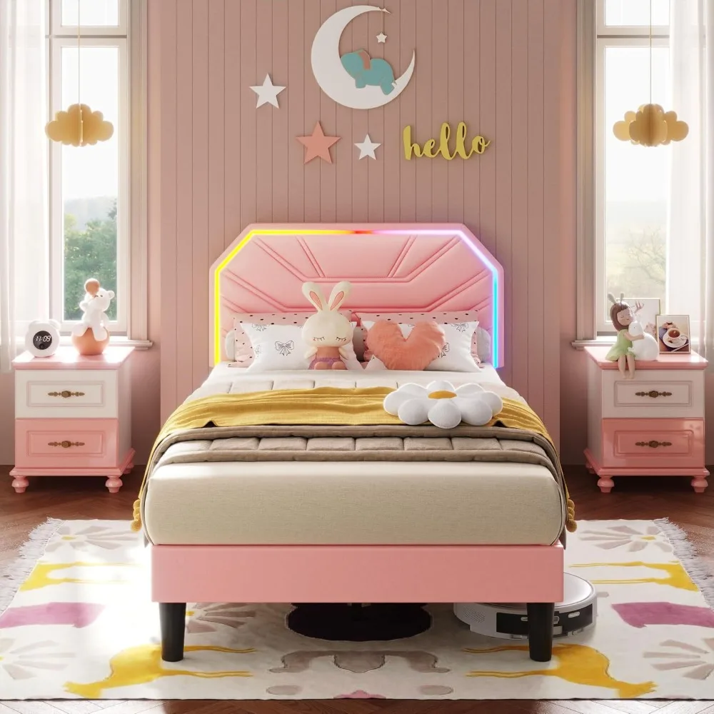 

LED Twin Size Bed Frame, Upholstered Modern Cama Bed Frame w/Heavy Duty Supports, No Box Spring Need, Noise Free, Easy Assembly