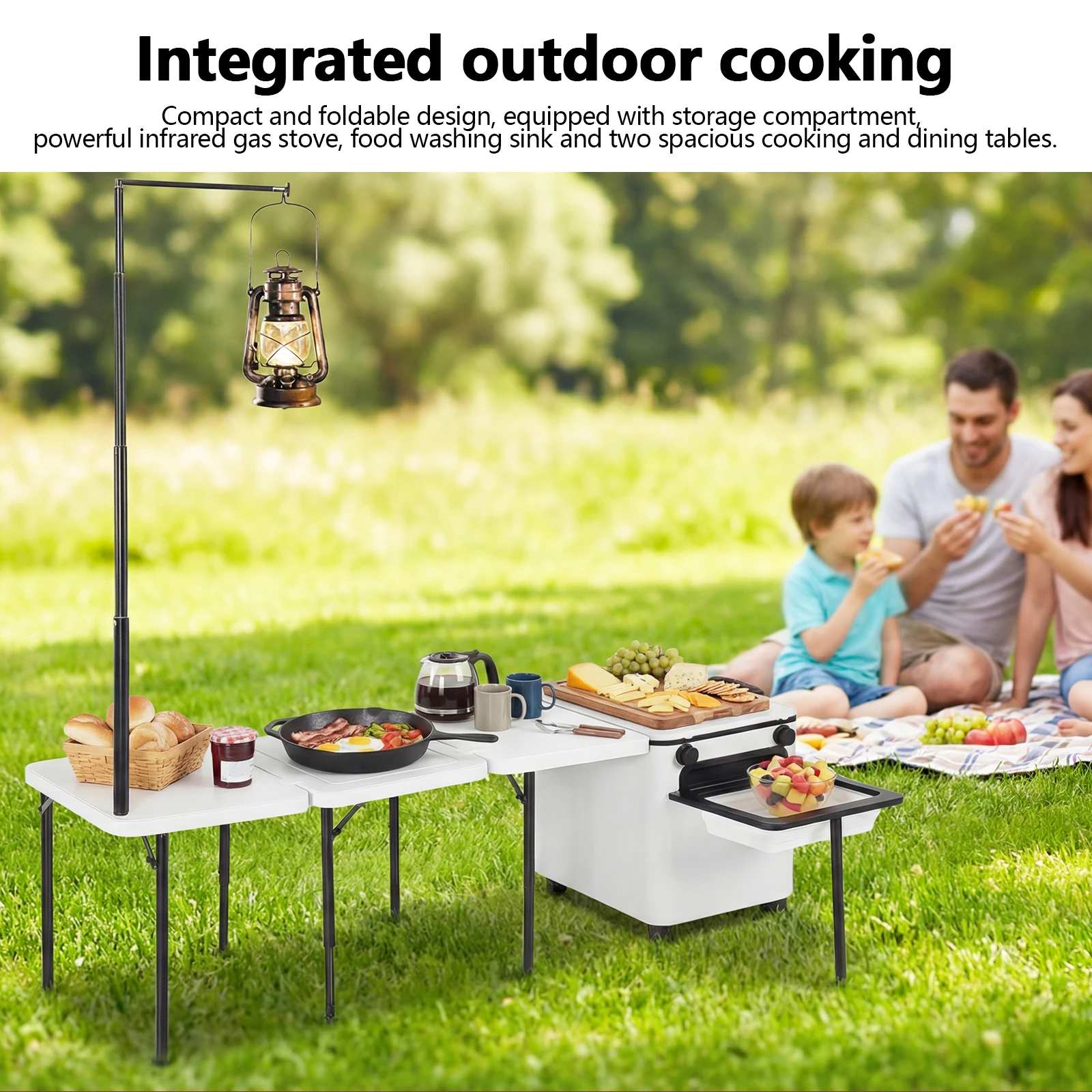 

Multifunctional Outdoor Kitchen Station with Wheels Rolling Master Cook Station with Light Poles for Tailgating BBQ Picnic RV