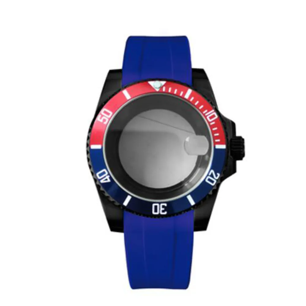 Stylish Watch Case + Blue Strap Electroplated Black Transparent Bottom Case Sapphire Magnifying Glass for NH35/36 Movement