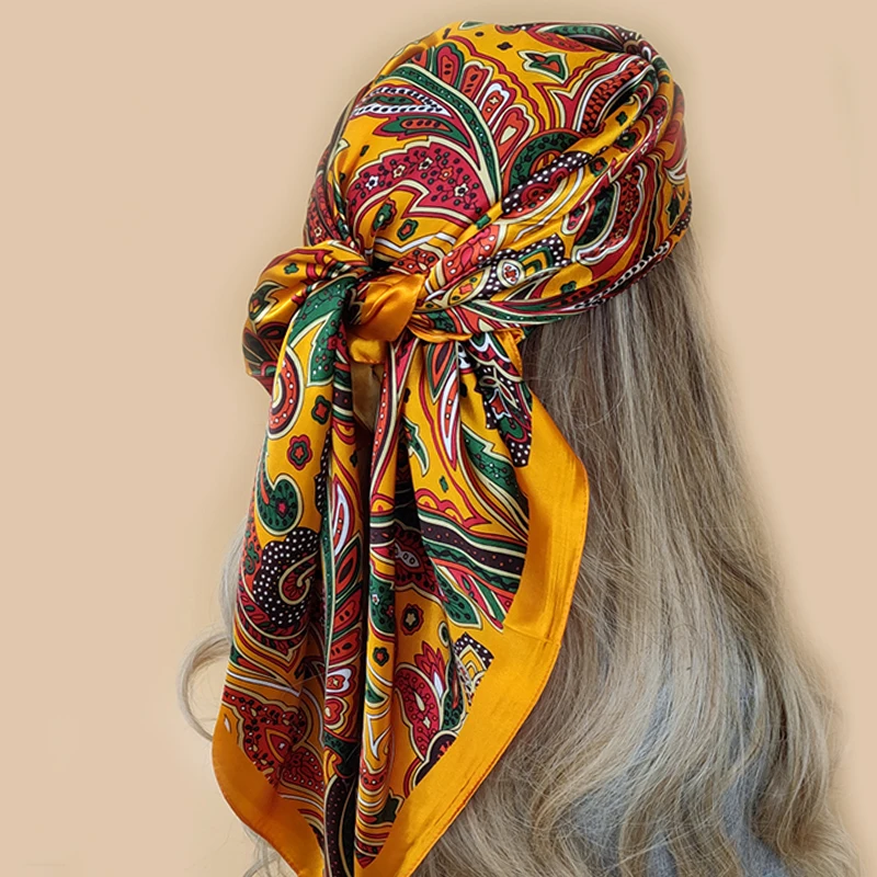 2022 New 90*90cm Retro Brand Women Silk Scarf Bandanna Fashion Bohemian Pattern Square Hijab Lady Wrap Headband foulard muffler