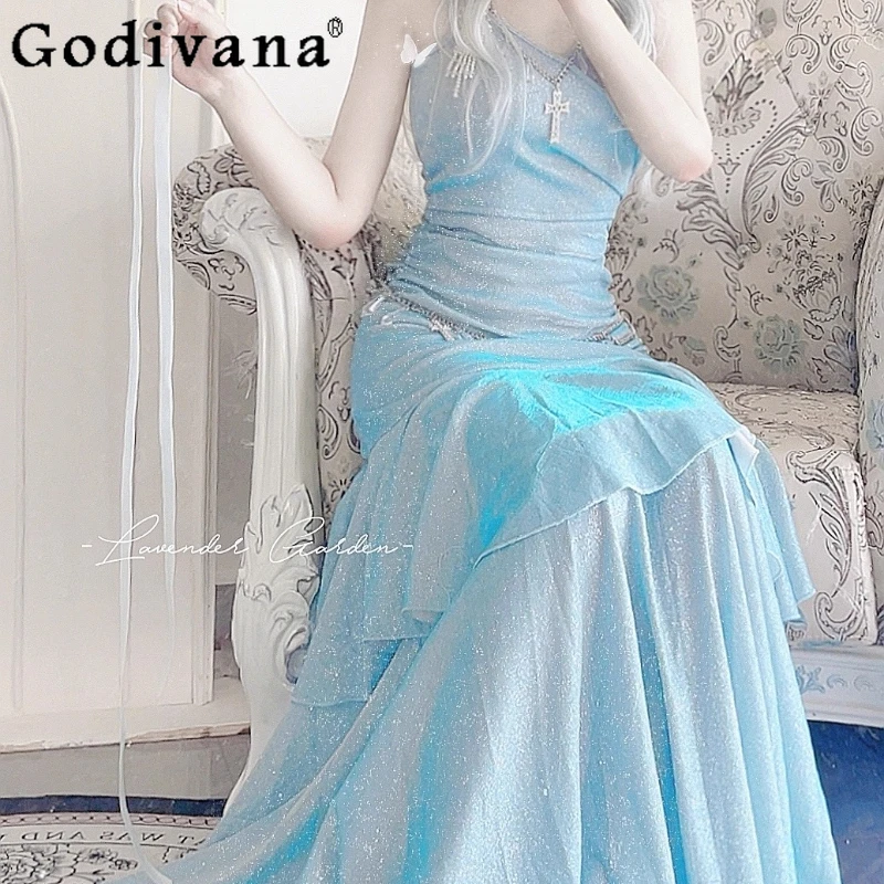 

Princess Sexy Long Dress for Women Original Blue Hips Fishtail Flash Dress Female Sleeveless High Waist Lolita Party Dress