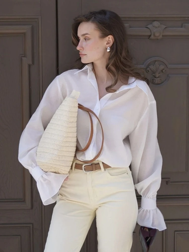 가을 신상 한국 패션 빈티지 우아한 여성 루즈핏 랜턴 소매 라펠 셔츠 오피스룩 캐주얼 솔리드 얇은 블라우스