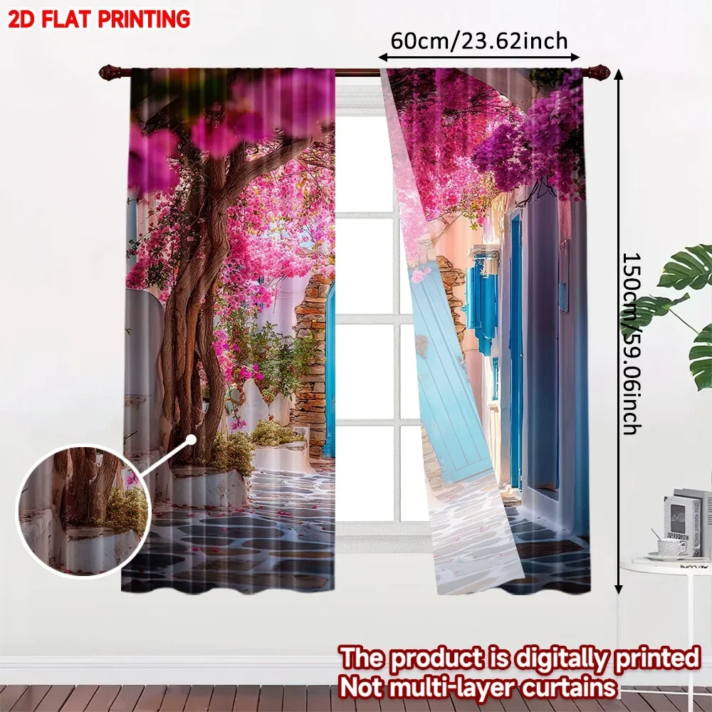 2pcs Pink Blossom Alley Curtains Digital Printing, Blue Doors Stone Path with Flowering Tree Scene for Bedroom Living Room Decor