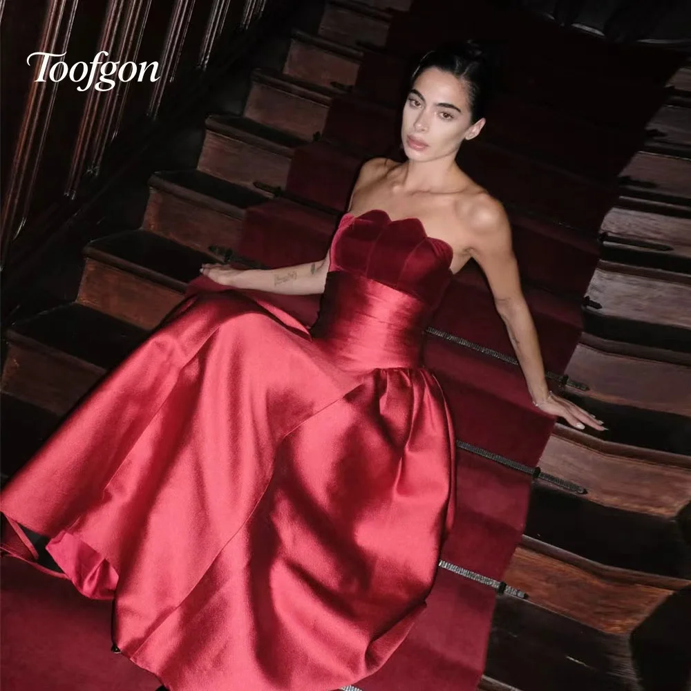 Toofgon الأحمر المخملية الساتان مخصص ألف خط ثوب مسائي المرأة حفلة رسمية فساتين لحضور الحفلات الموسيقية بدون حمالات بلا أكمام فستان عيد ميلاد 2026 #1