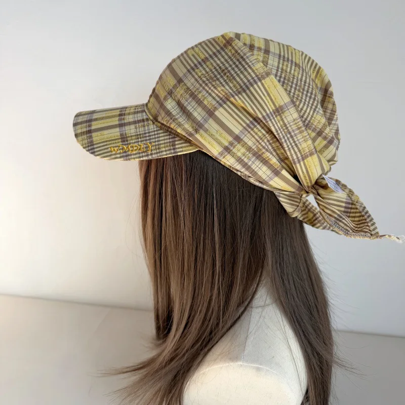 2-in-1 Plaid Pattern Baseball Cap with Attached Bandana Bow  Adjustable Tie Back Sun Hat, Y2K Aesthetic Streetwear Headwear