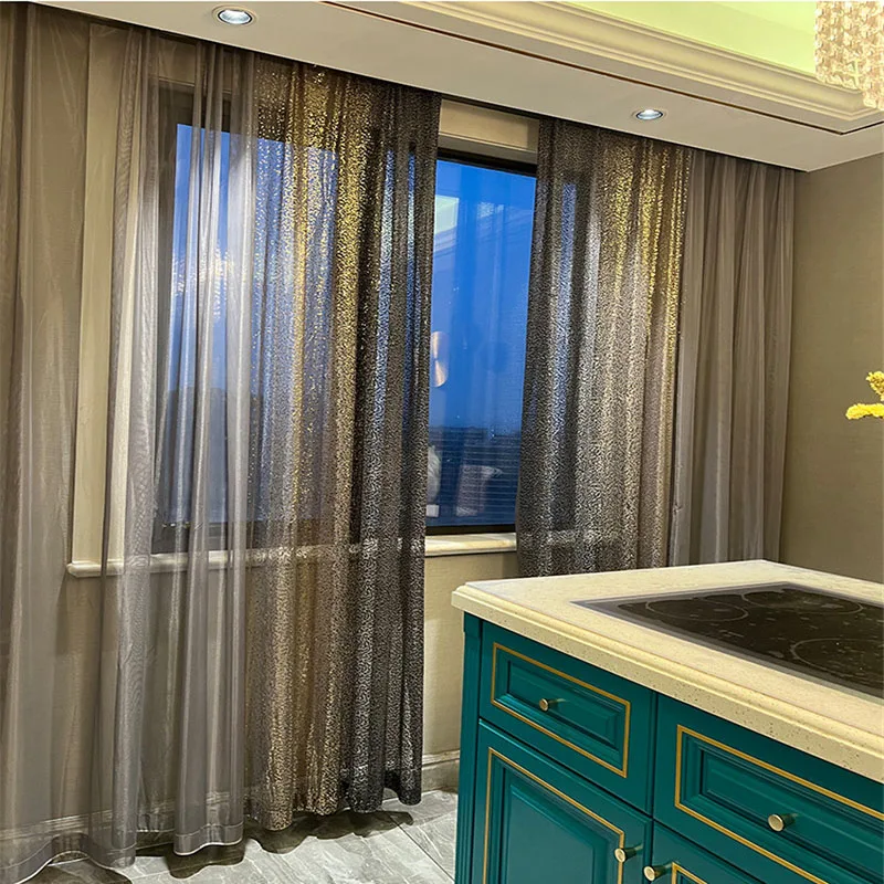 모던 라이트 럭셔리 블랙 골드 스팽글 그라데이션 튤 커튼, 북유럽 인더스트리얼 스타일 그레이 쉬어 커튼 거실 침대 룸 #4