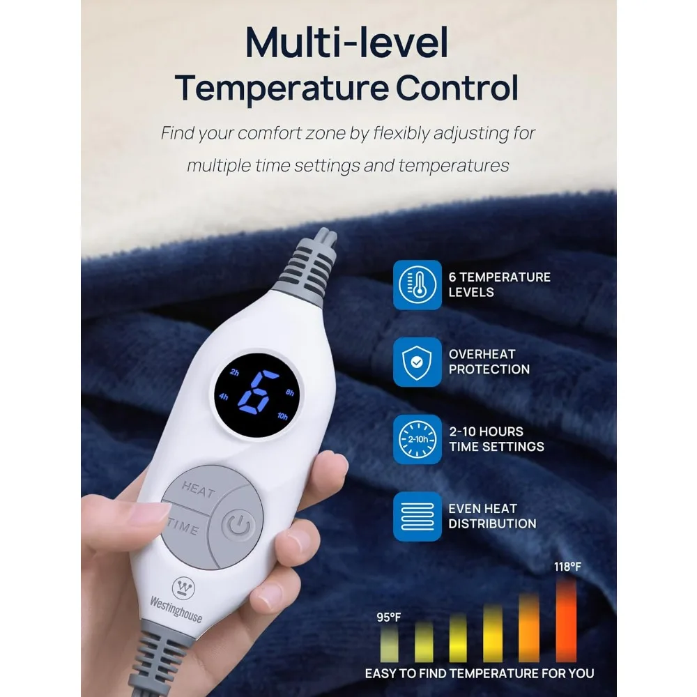 Westinghouse Electric Blanket with Foot Pocket for Adults Ultra Soft Flannel to Sherpa Heated Throw 6 Heating Levels  2-10 Hours