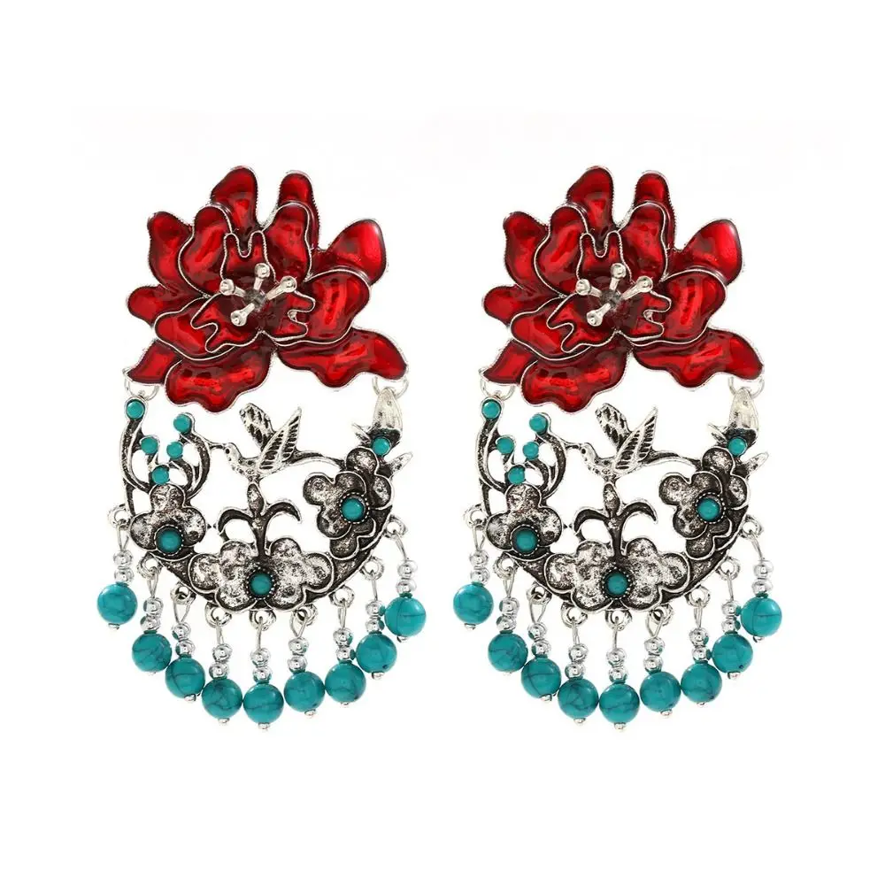 Vintage Peacebird Tassel Earrings Bohemia Ethnic Style Flower Tassel Long Earrings Oil Dripping Exaggerated Women Earrings Women