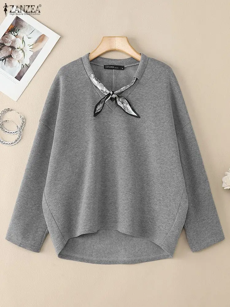 ZANZEA المرأة بلون عالية منخفضة البلوز مع وشاح الخامس الرقبة طويلة الأكمام بلوفر مغزول القمم ملابس امرأة عادية فضفاضة