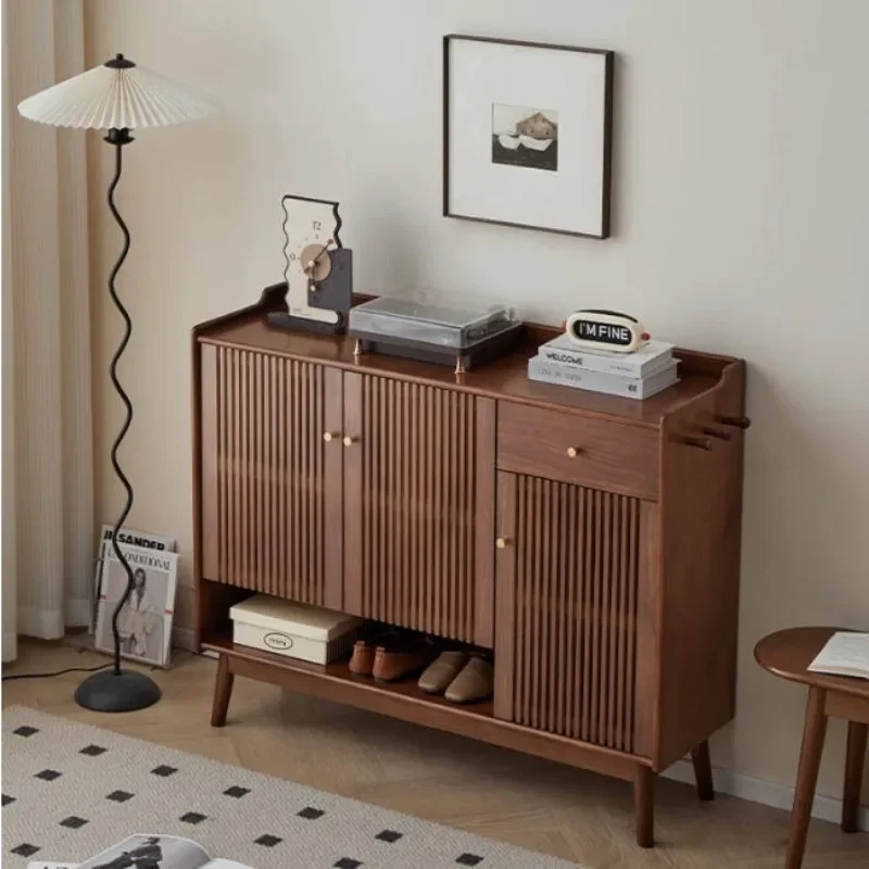 Solid wood shoe cabinet, simple and modern small apartment grid foyer, large-capacity door