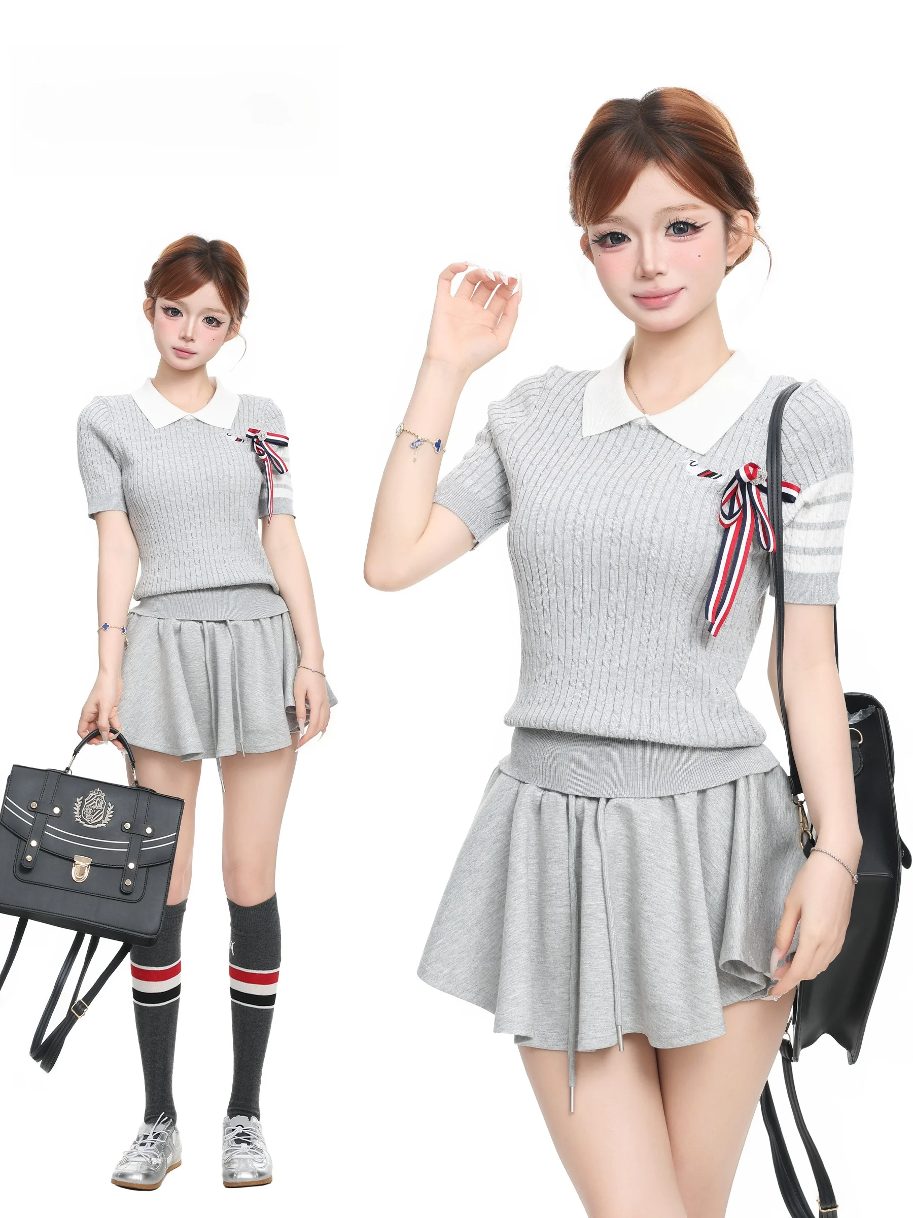 Basterds Korean College Style Short Sleeve Knitted T-Shirt Women's Slim Fit Summer Fashionable Grey Top Breathable Skin-Friendly