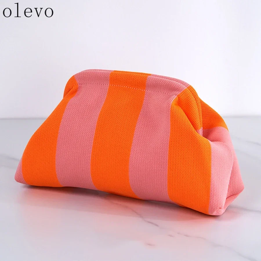 Soft Crochet Women Handbag Dumpling-Shaped Pleated Cloud Design Color-Blocked Casual Clutch Gift Bag