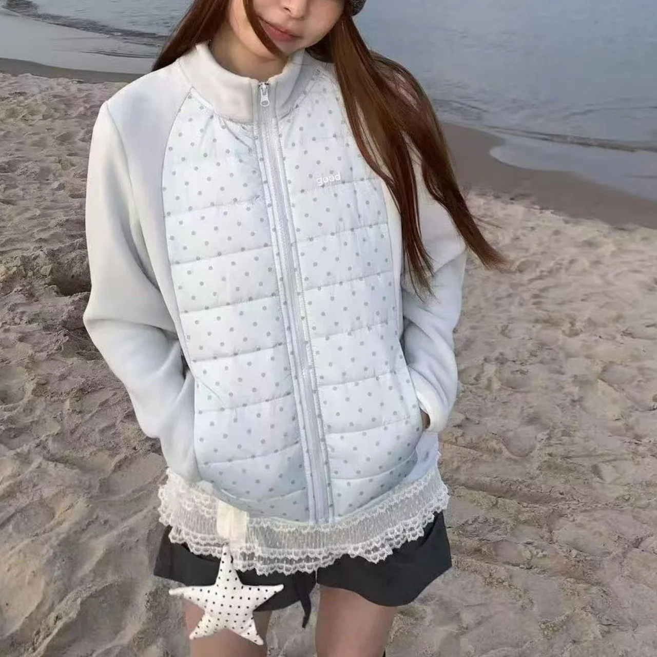 

Корейская куртка-жакет в стиле преппи с принтом в горошек, легкая, из хлопка, для женщин, новая зимняя повседневная модель...