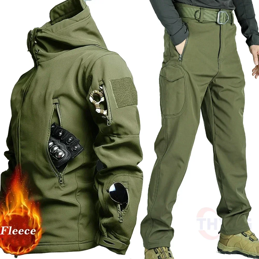 Winter Shark Skin Fleece Tactical Sets Mens Outdoor Training Combat Wear Resistant Waterproof Multi-Pockets Military Coats Male