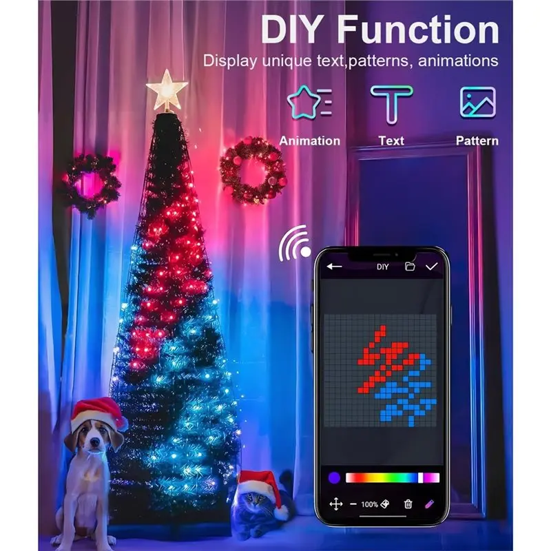 ABFU-Xmas Tree Lights 256LED Smart Christmas Tree Lights Color Changing Waterfall DIY With Top-Star Remote& APP Control 2.4M
