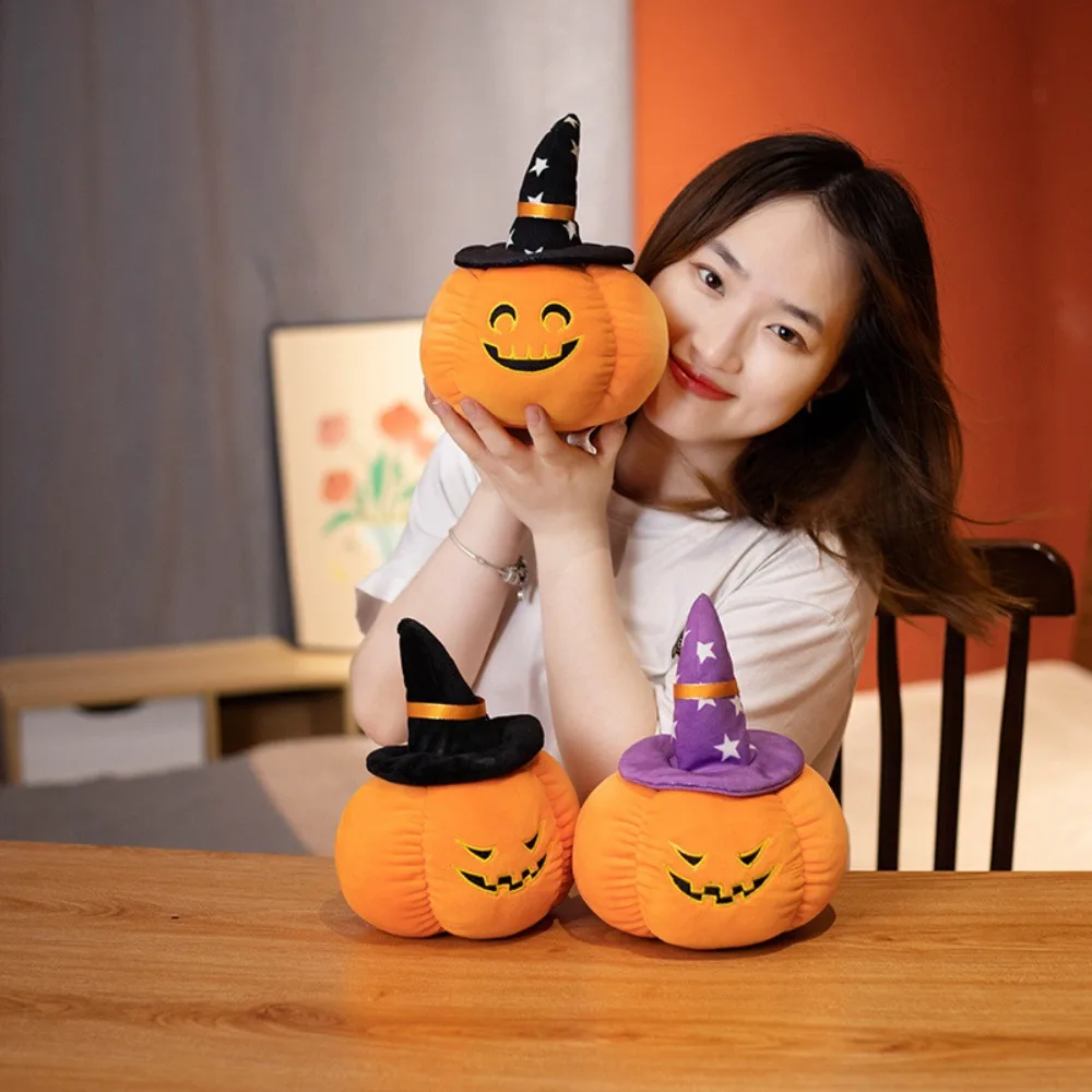 Usando chapéu abóbora demônio boneca recheado pp algodão halloween brinquedo de pelúcia macio engraçado halloween abóbora lance travesseiro decoração para casa