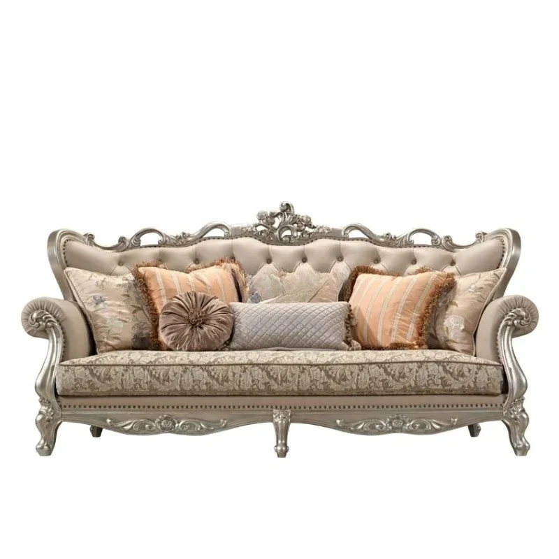 

American fabric sofa European solid wood leather first layer cowhide light luxury living room combination carving