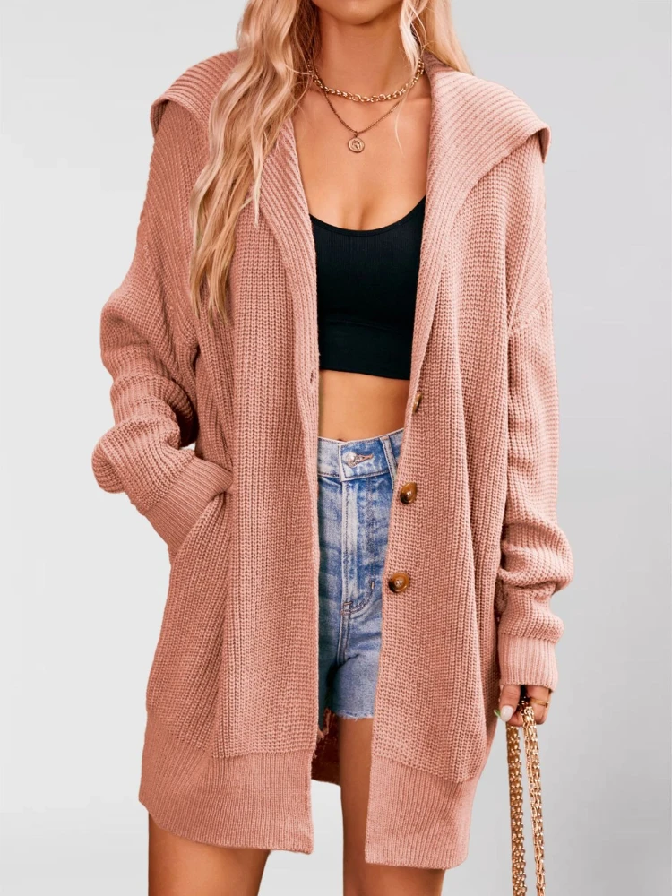 Frauen Strickjacke Mit Kapuze Frühling Gestrickte Rosa Grau Herbst Winter Elegante Lange Oberbekleidung Maxi Y2k Pullover Mantel Weiche Jacke Pullover