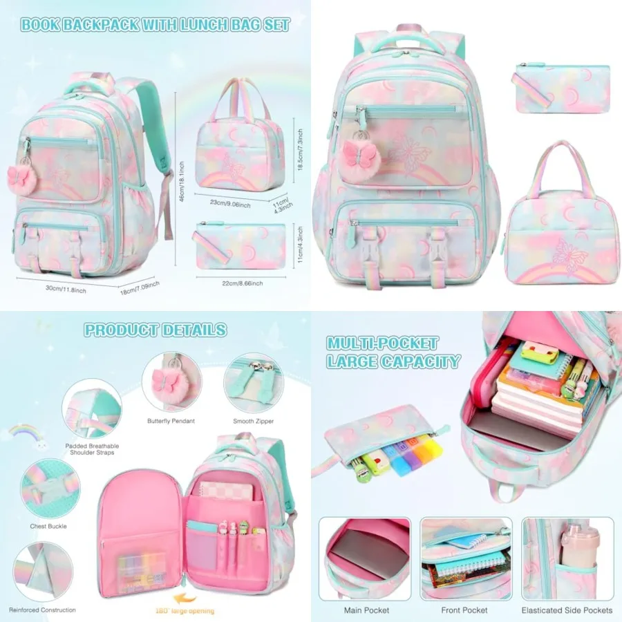 

Backpack for Girls, Rainbow Butterfly Girls Backpacks with Lunch Bag Pencil Case Set, Backpack Kindergarten Elementary Middle S