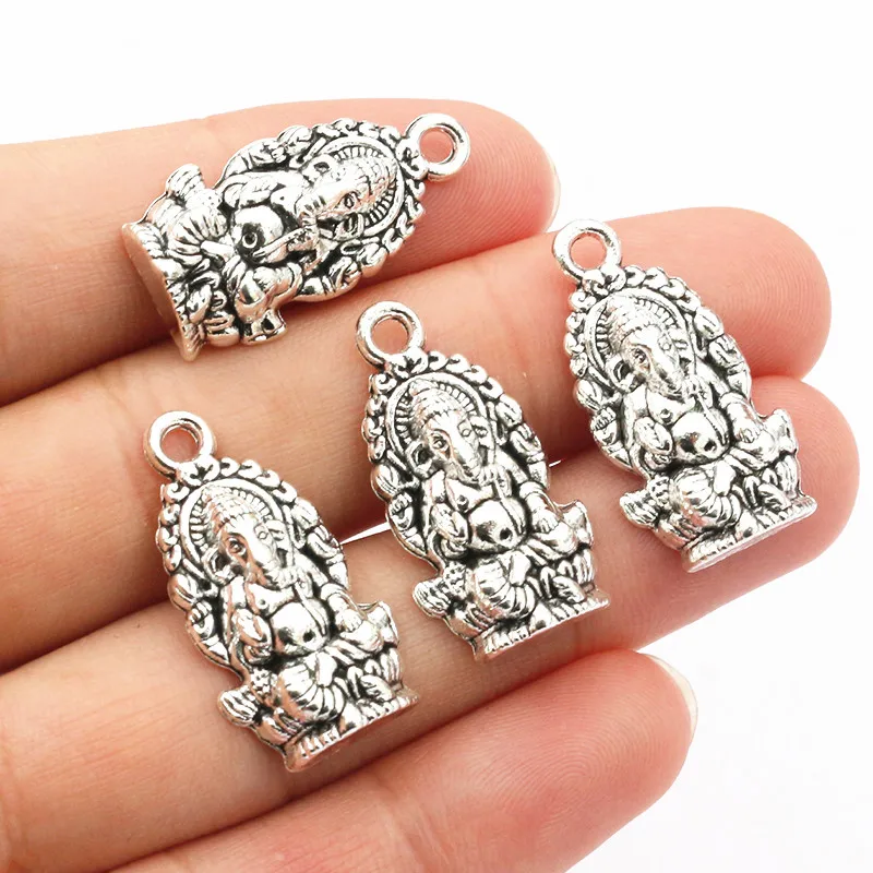10pcs Ganesha Elephant Buddha Charms Pendant 26x14mm Metal Silver Color DIY Jewelry Making Accessories for Necklace Keychains