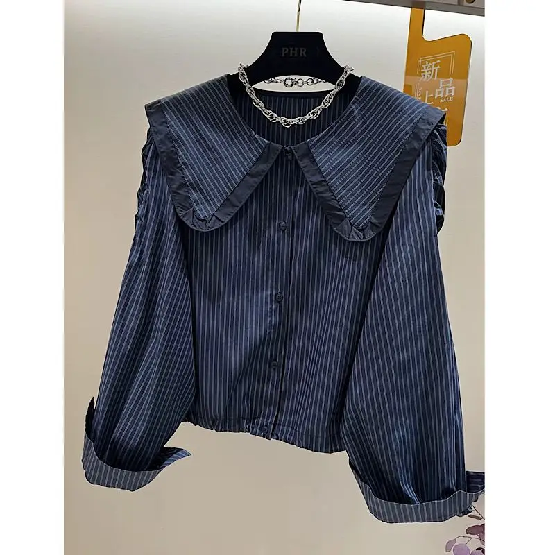 

Summer Casual Korean Fashion Loose Buttons Single Breasted Striped Long Sleeve Well-designed Feminine Bright Easy Close to The