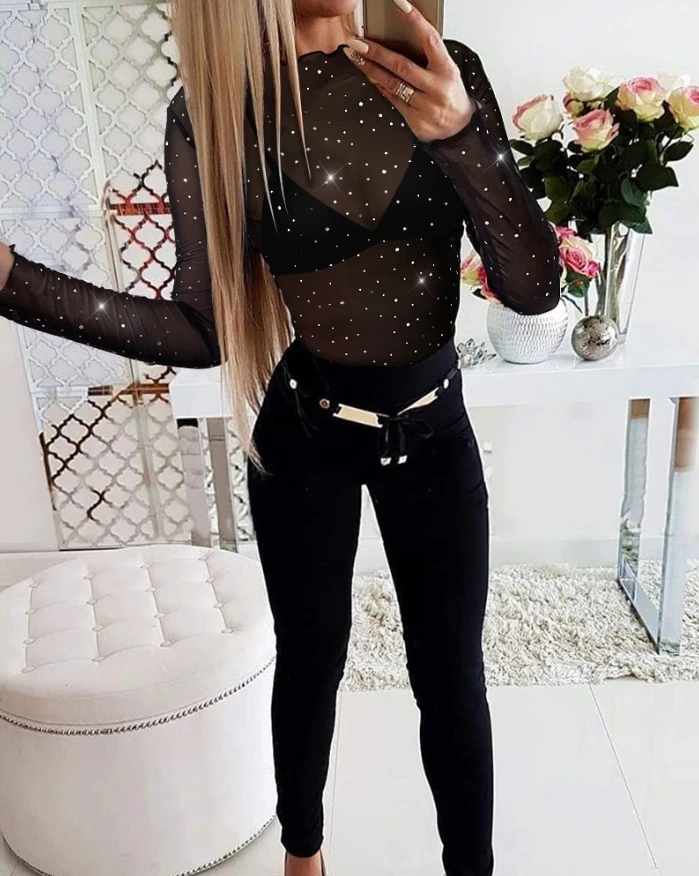 Kobieta bluzka 2023 moda wiosenna Rhinestone przezroczysta przezroczysta siateczka wokół szyi falbana Hem koszulka z długim rękawem seksowne topy Y2K