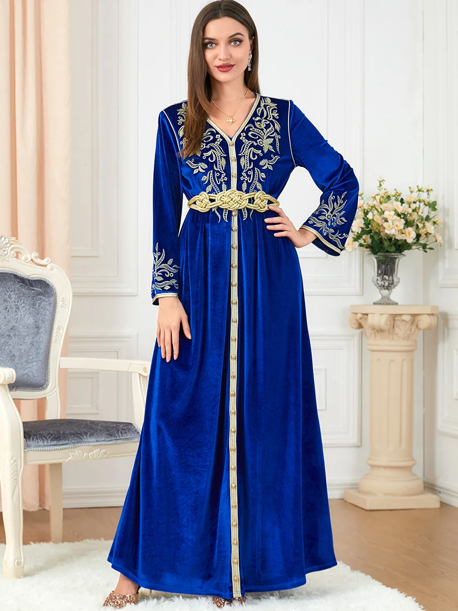 Winter Moroccan Embroidered Caftan Arabic Long Dress Women GoldenTrim Muslim Party Dresses Dubai Turkish Modest Abayas Kaftan