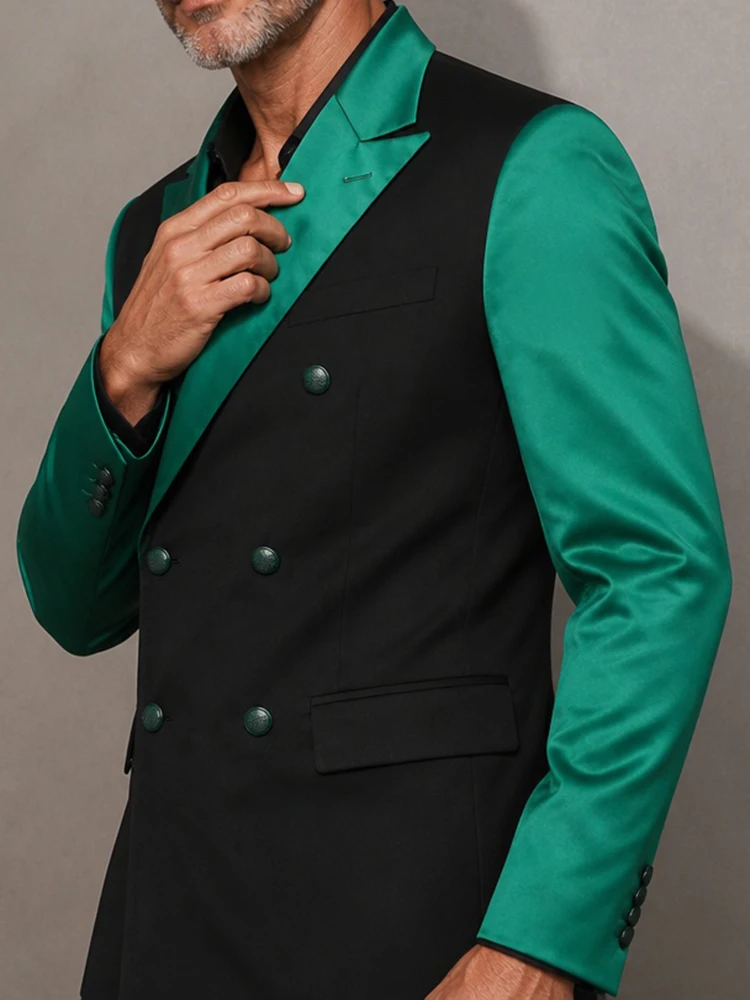Men's High Quality Black Green Satin Blazer Peak Lapel Double Breasted Slim Fit Suit Jacket for Wedding Banquet Formal Occasions