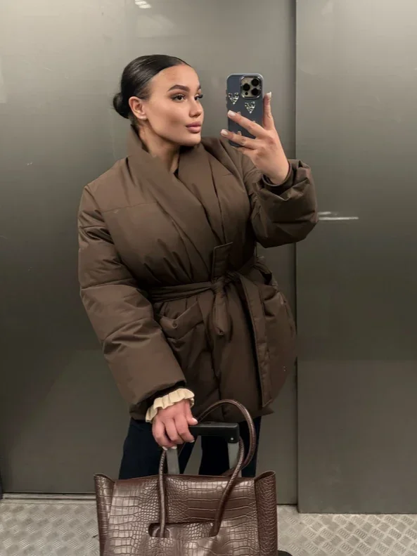 Women Short Coat Solid Color Coats Wrap Collar Winter Warm Loose Top Lady Clothes Daily Wear Belted Wrap Jacket Oversized