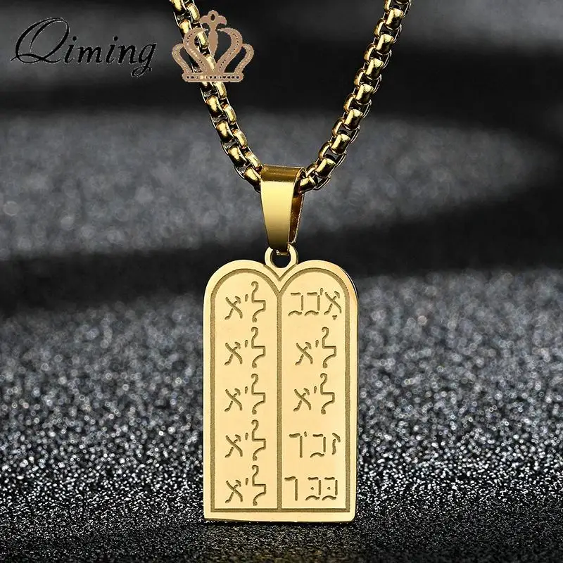 QIMING Dainty Tables Of Law Pendant Necklace For Men Jewelry Golden Stainless Steel Geometric Choker Necklace