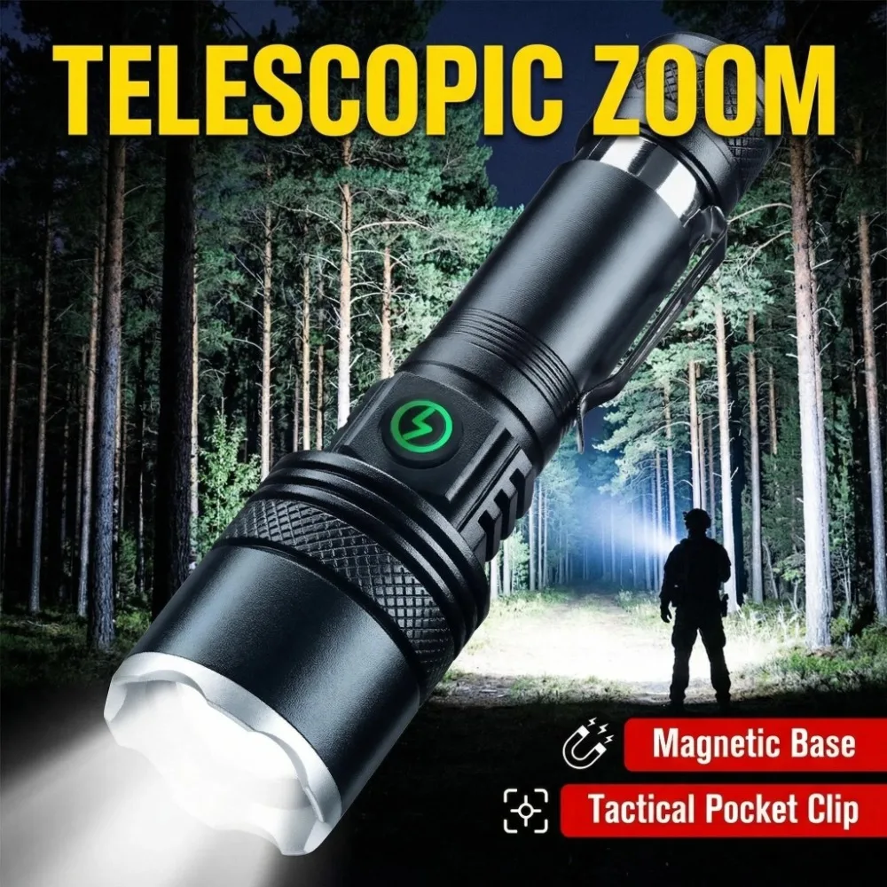 

Перезаряжаемый светодиодный фонарь с регулируемым фокусом, водонепроницаемый, из алюминиевого сплава, с клипсой и магнитом для использования на природе, в походах, кемпинге и ночного использования