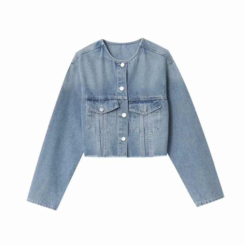 

French Denim Jacket Coat Autumn Lady Clothing Streetwear Tops Elegant O-Neck Long Sleeves Vintage Blue Thin Coat