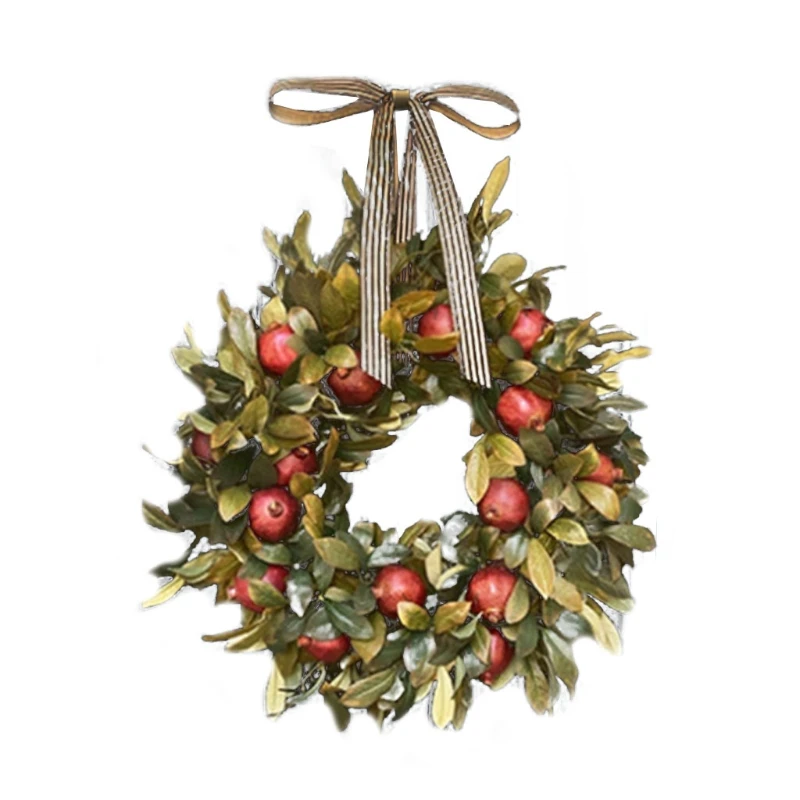 DONG Autumn Fall Front Door Wreath Artificial Pomegranate Fruit Ribbon Bow Realistic