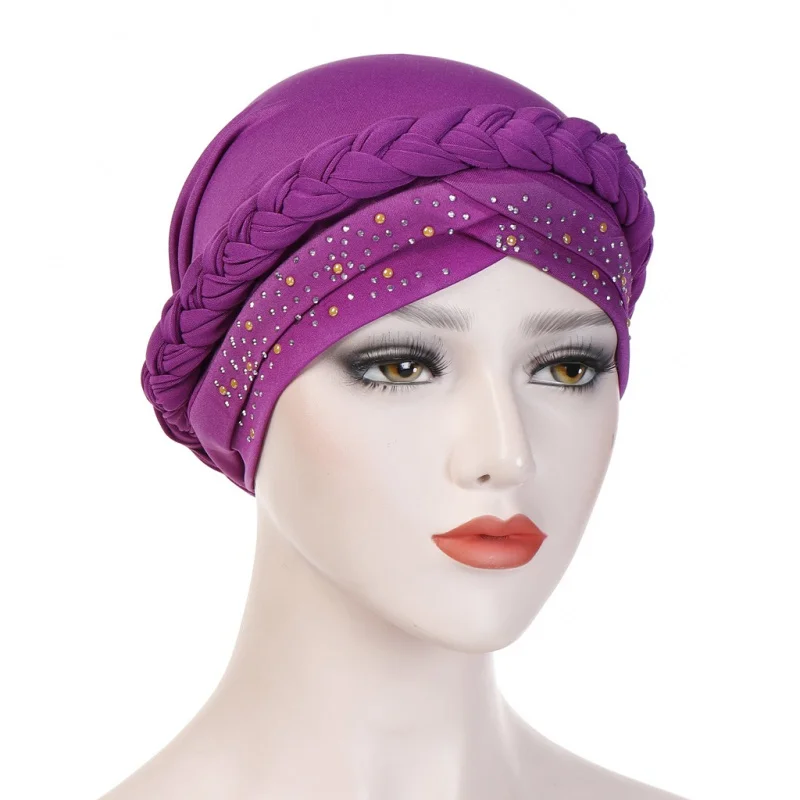 New European and American Foreign Trade Monochrome Single Hot Drilling Braid Toque Cap Milk Silk India Toque Cap