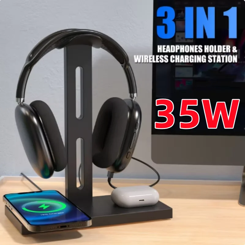 35W Fast Wireless Charging Headphone Stand Headset Holder For iPhone 13 12 iWatch 5 6 SE Airpods Pro Wireless Charger Table Dock