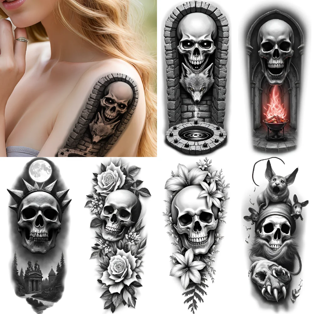 

3pcs Temporary Tattoo Waterproof Long-lasting Body Stickers Wolf And Skull Gothic Skull With Flame Demonic Skeleton For Men