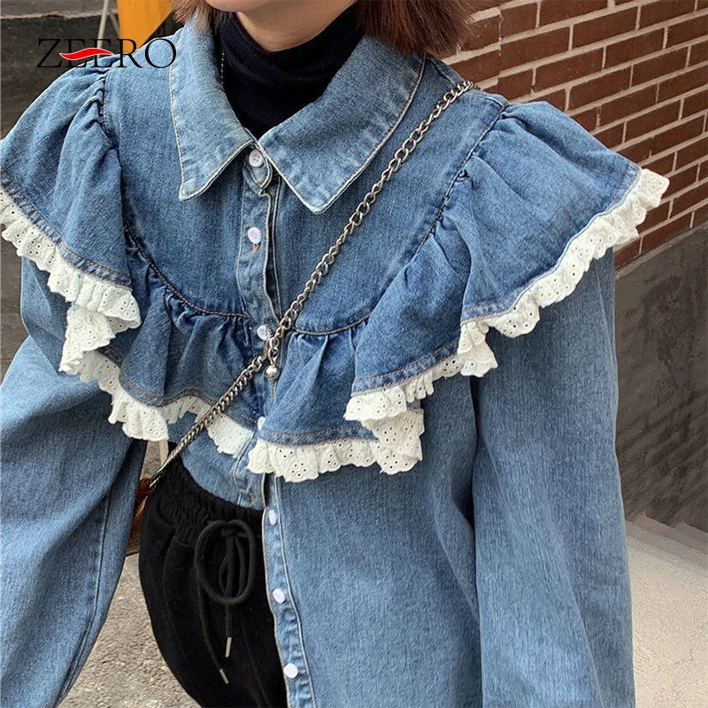 

Denim Blouse Women Long Sleeve Lace Patchwork Button Up Ruffle Shirt Korean Vintage Turn Down Collar Vintage Jean Tops