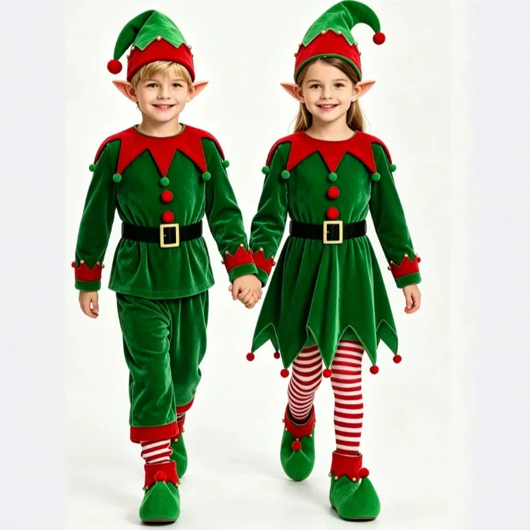 Disfraces Navideños para Niños y Niñas, Traje Divertido de Elfo Navideño para Niños, Terciopelo, Fiesta de Navidad 2026, Accesorios Divertidos de Elfo