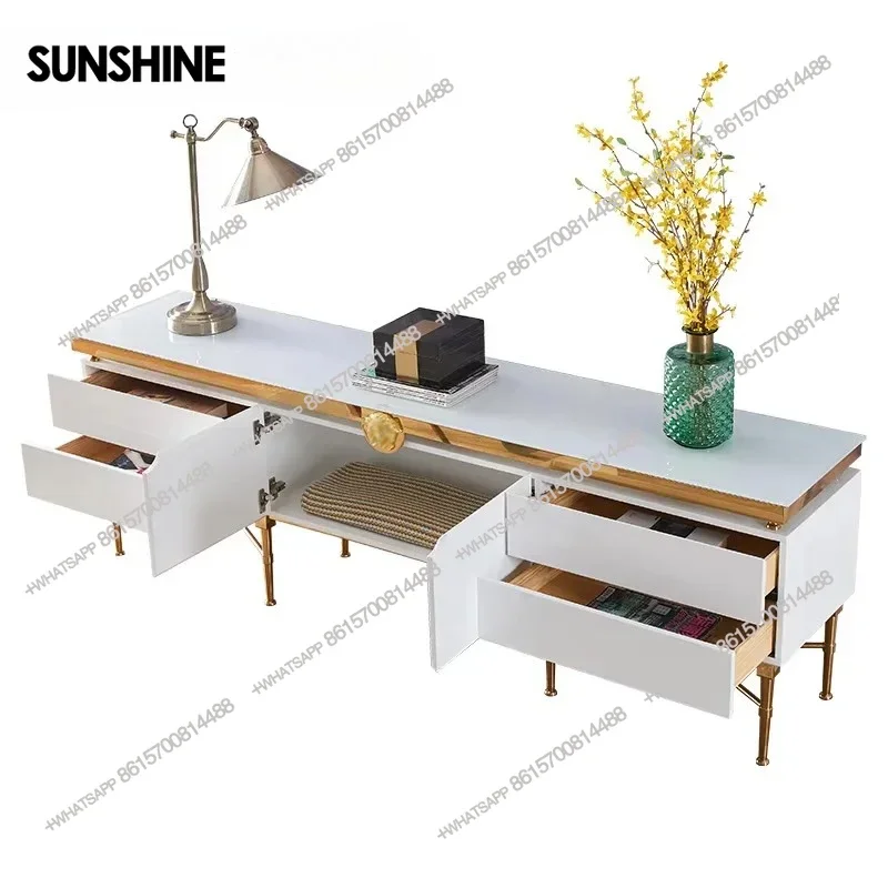 Luxury TV Table with Gold Stainless Steel Base & Storage Black and White ColorsX