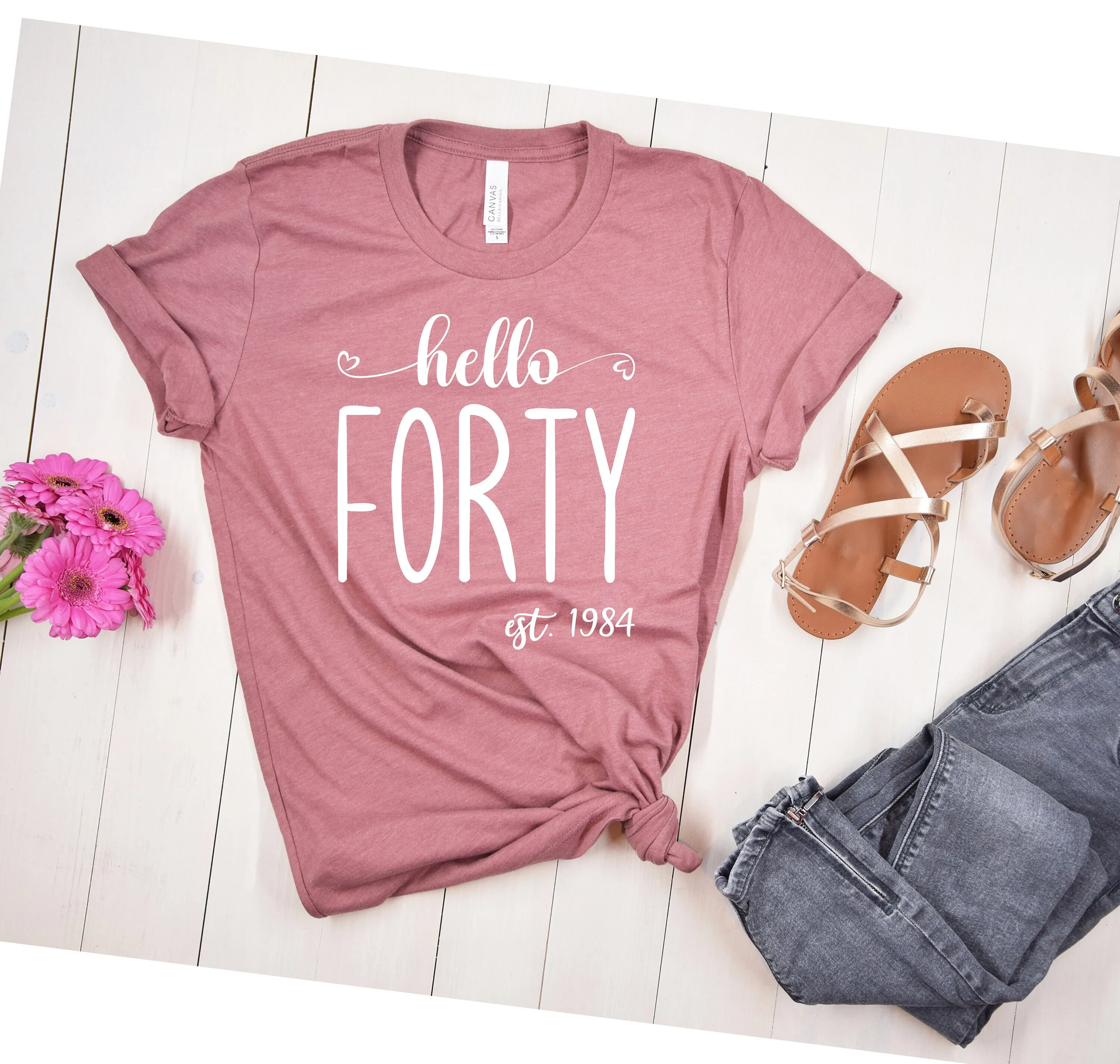 Hello Forty T Shirt 40 40Th Birthday Fortieth Heart Est 1984