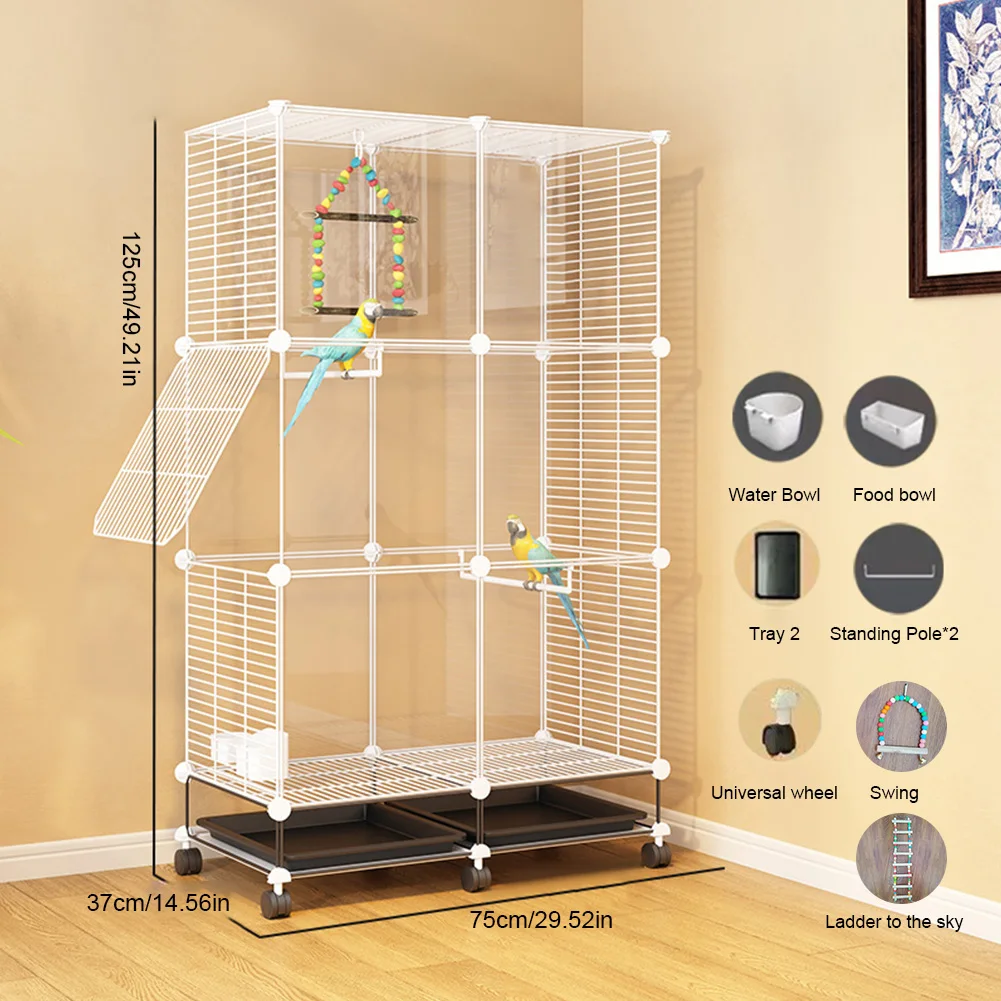 Oversized Bird Cage with Rolling Stand Swing Ladder Anti-Clogging Feet Splash-Proof Luxury Villa for Parrot Cockatiel Myna Finch