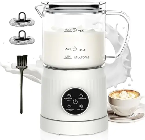 

4-in-1 Milk Frother & Steamer with LED Touch Screen – 13.5 oz, Ceramic Lining, Milk Warmer for Lattes, Cappuccinos – White