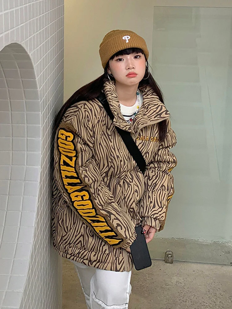 

Jacket New Winter Women's Padded Coats Female Oversize Short Parkas Fashion Cuff Zebra Pattern Warm Thick Coat Women