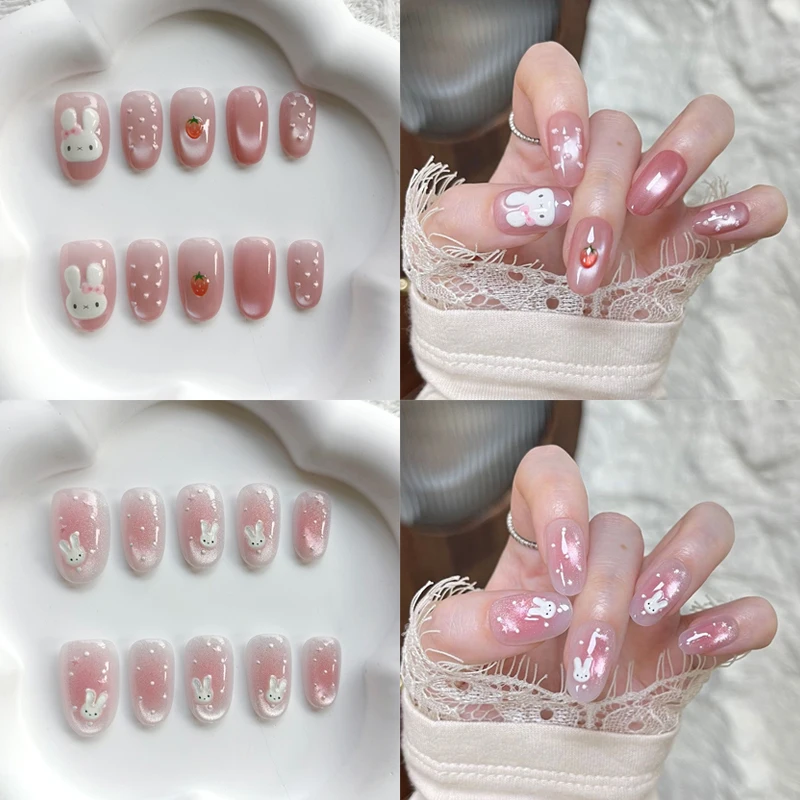 10 Stück Niedliche 3D Polka Dot Hasen Neue Katzenaugen Nagelkunst Kurze Mandel-Form Liebliche Erdbeer-Kaninchen Wiederverwendbare Nagelaufkleber Aufklebbare Nägel – Detail 3
