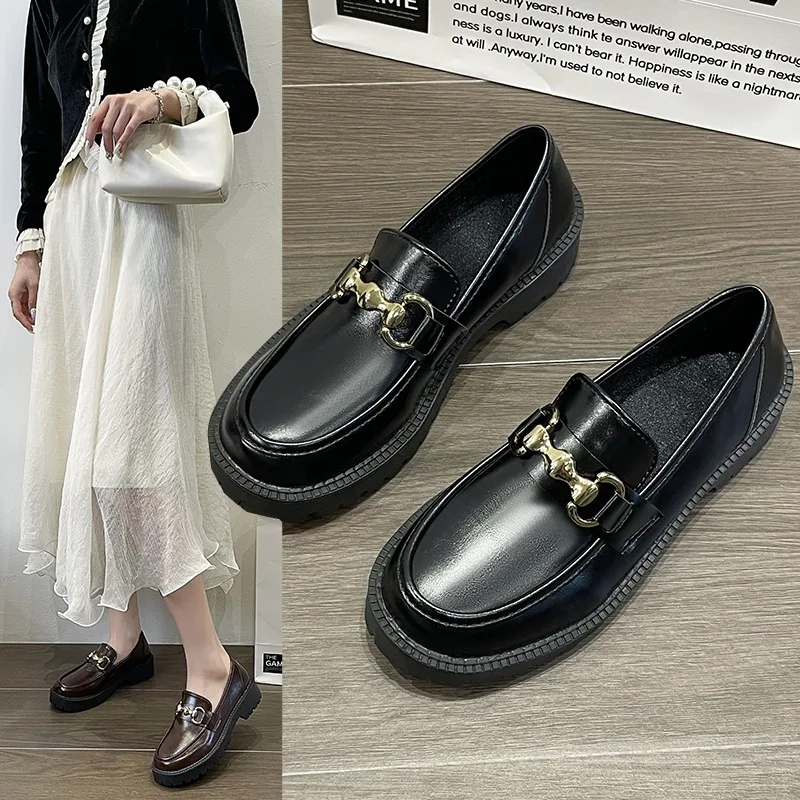 

2024 New Female Shoes Fashion Mary Janes Round Toe Flats Loafers Women Oxfords Platform Casual Metal Chain Buckle Ladies Heels