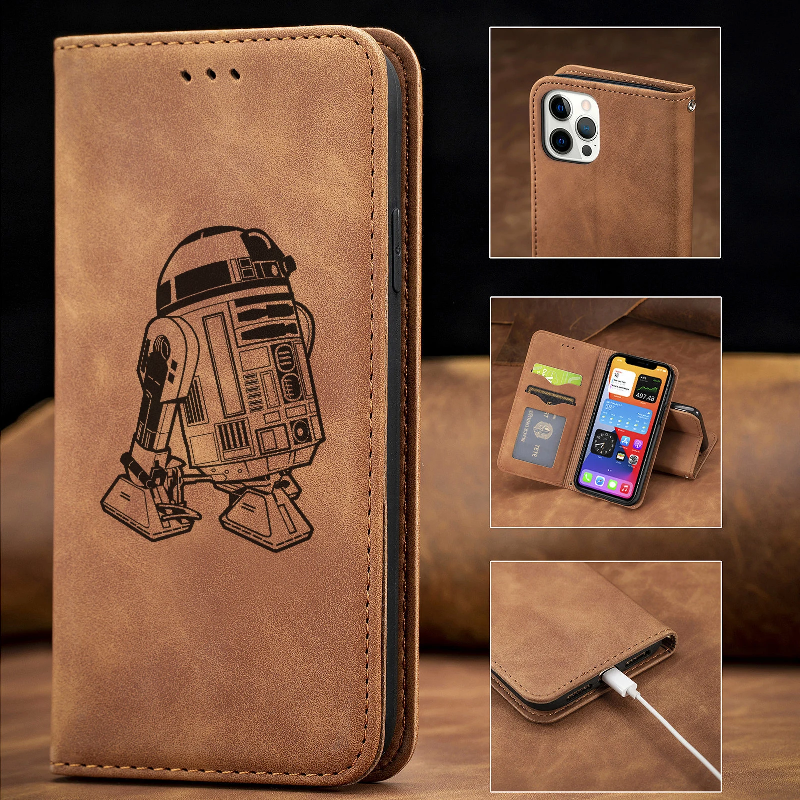 Business Flip Leather Star Wars R2D2 Robot Phone Case For IPhone 12 13 14 15 Pro Max Samsung Galaxy S23 S24 Ultra Cover