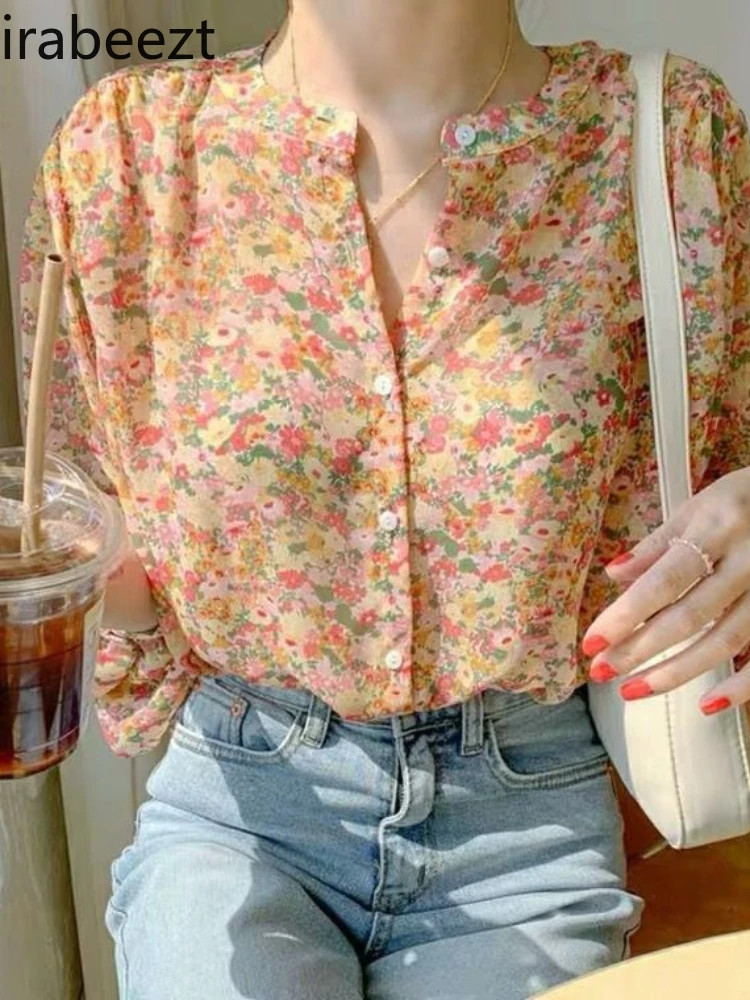 Floral chiffon top women foreign style 2024 early autumn new shirt long sleeve super fairy fashion girl temperament blouse