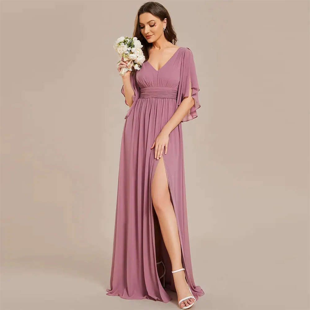 BAZIIINGAAA Party Dress V Neck Pleated Belt Chiffon Bridesmaid Dresses Evening dress